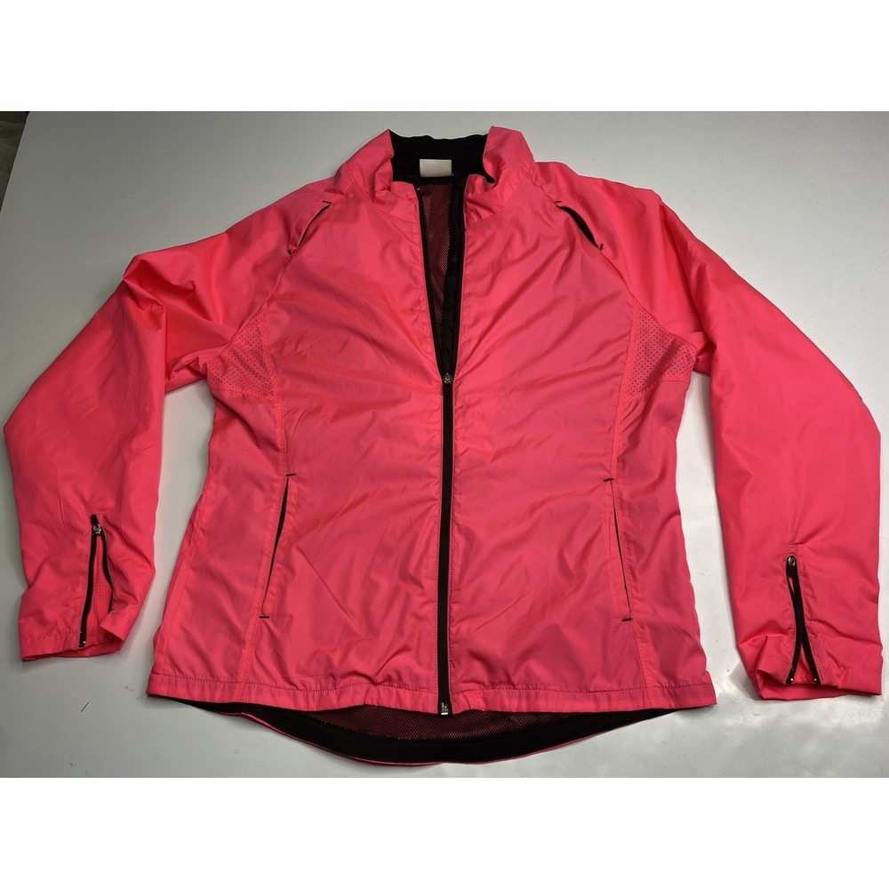 VTG Danskin Now Hot Pink Black Women Mesh Lined Zip Windbreaker Jacket Sz L